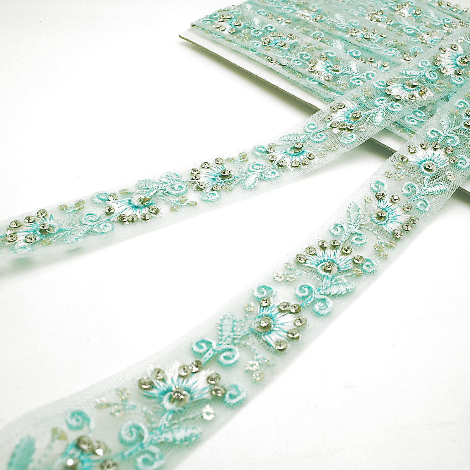 LIGHT BLUE EMBROIDERED STONE TRIM - sarahi.NYC