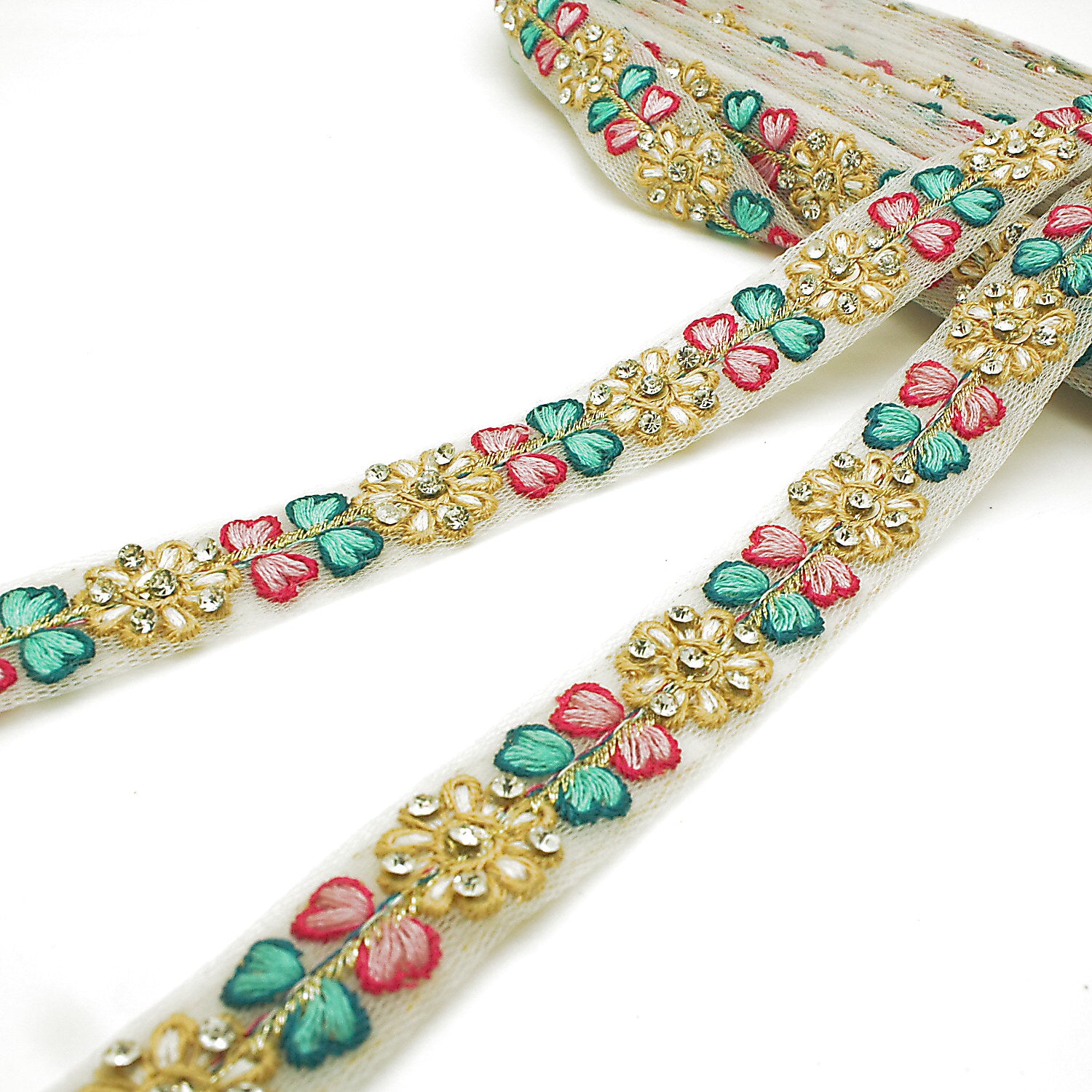 MULTICOLOR EMBROIDERED STONE TRIM - sarahi.NYC