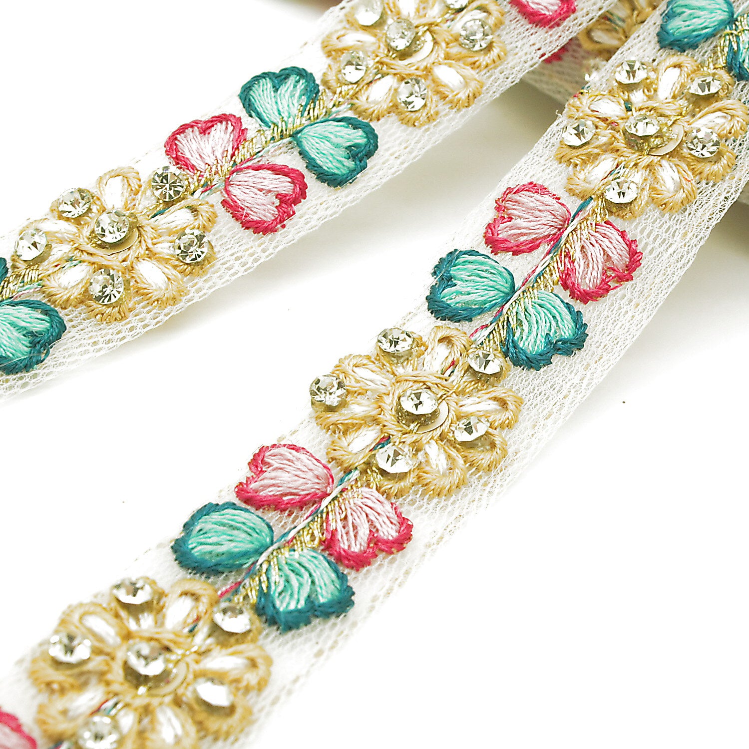 MULTICOLOR EMBROIDERED STONE TRIM - sarahi.NYC