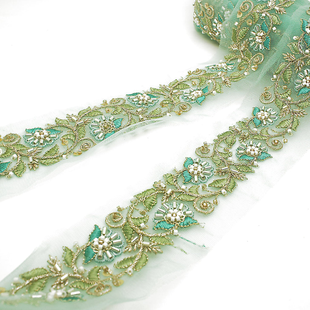 BLUE EMBROIDERED BEADED TRIM - sarahi.NYC