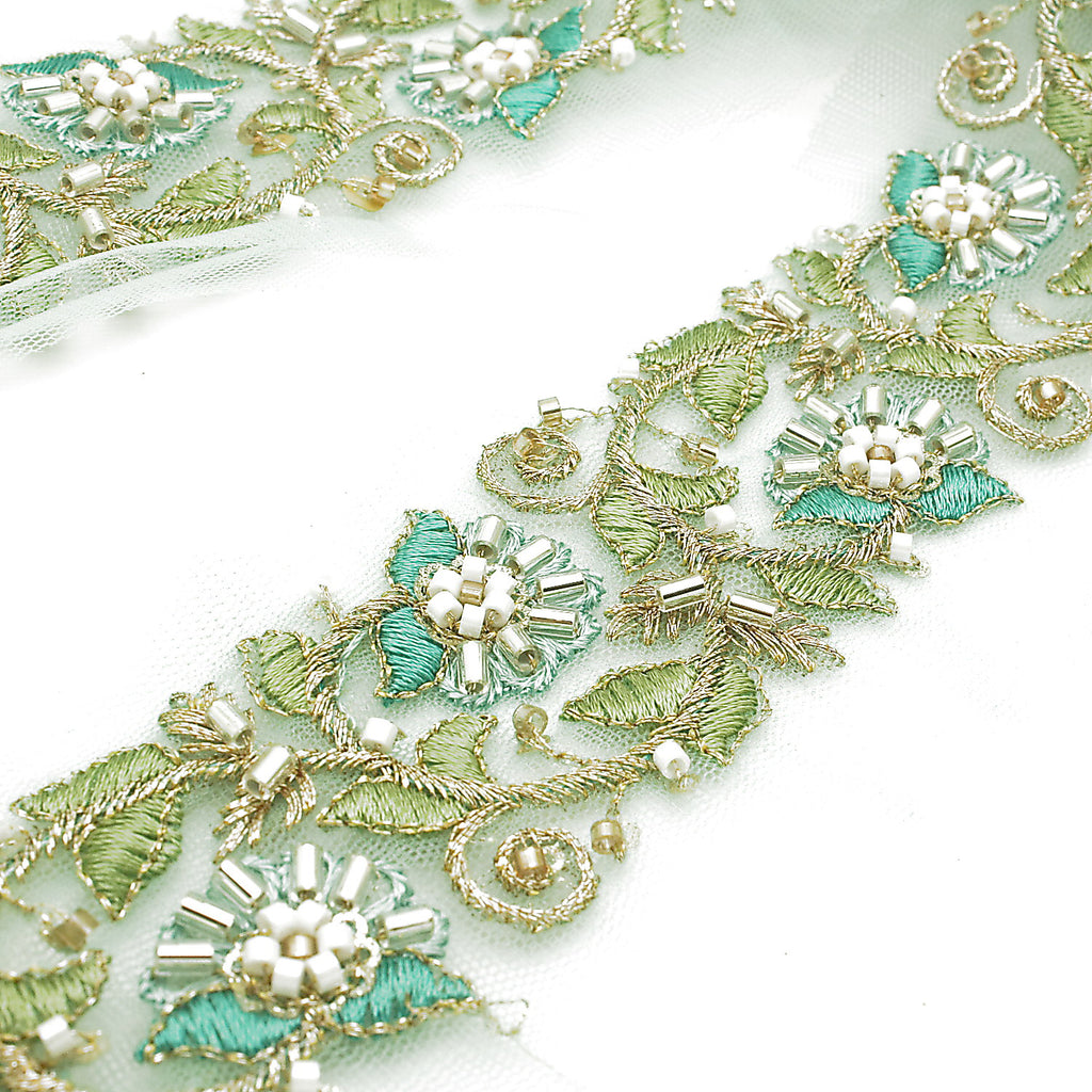 BLUE EMBROIDERED BEADED TRIM - sarahi.NYC