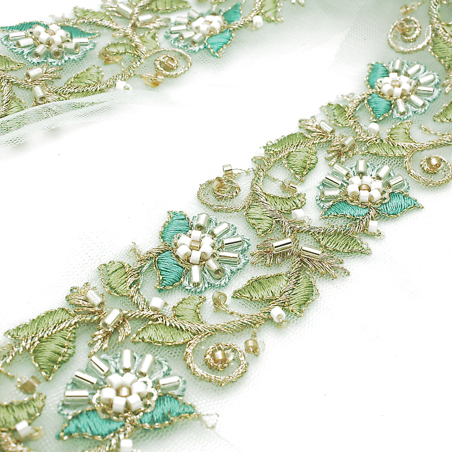 BLUE EMBROIDERED BEADED TRIM - sarahi.NYC