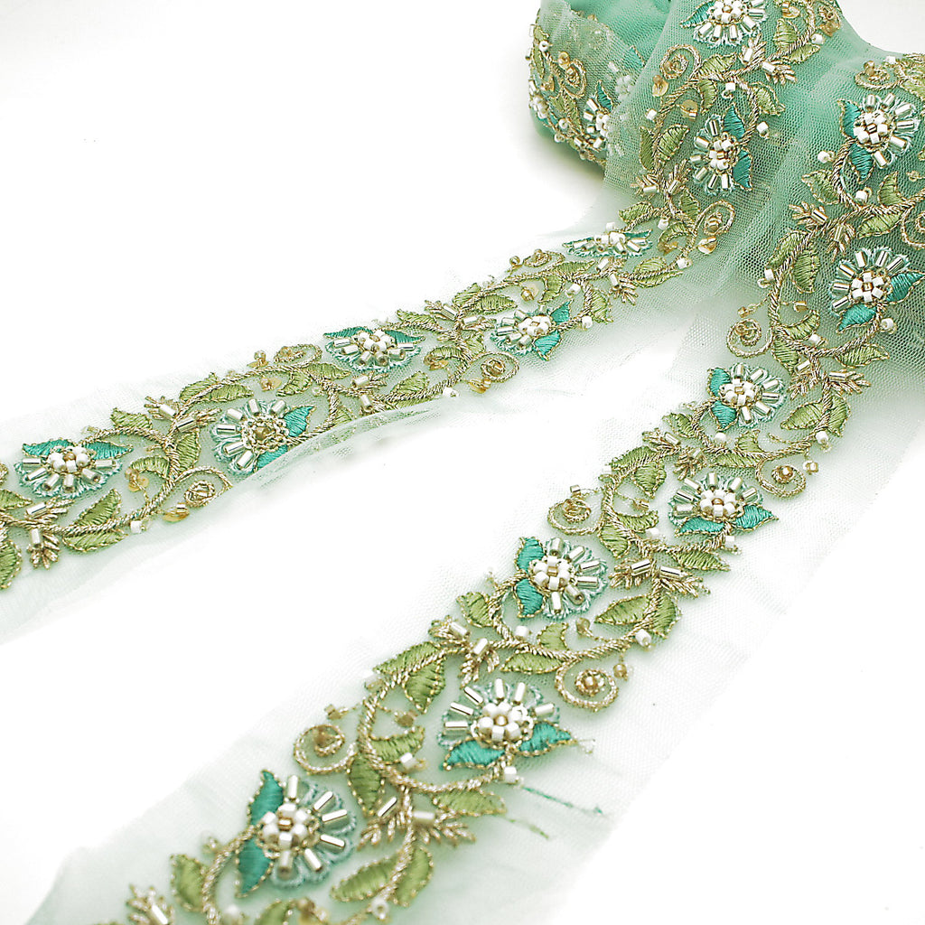 BLUE EMBROIDERED BEADED TRIM - sarahi.NYC