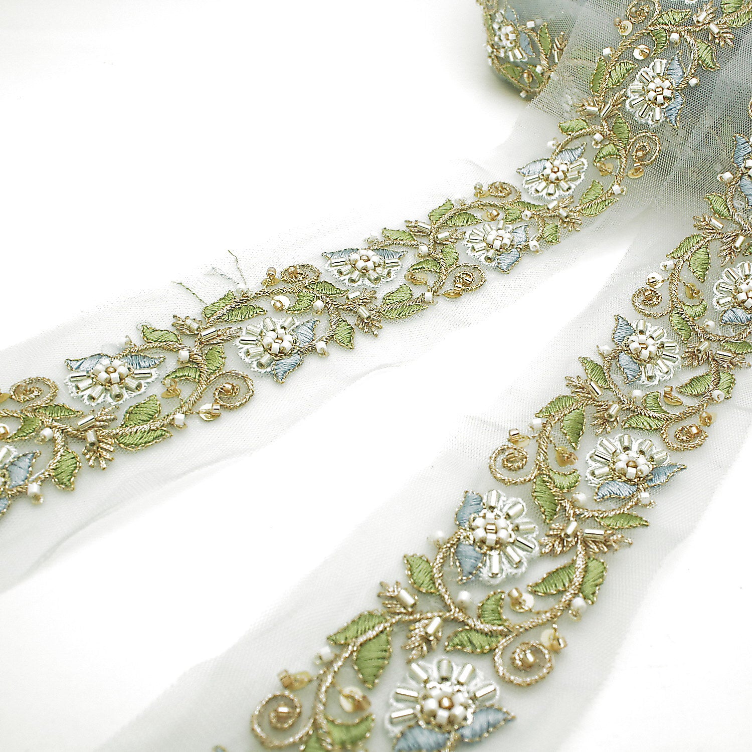 BLUE EMBROIDERED BEADED TRIM - sarahi.NYC