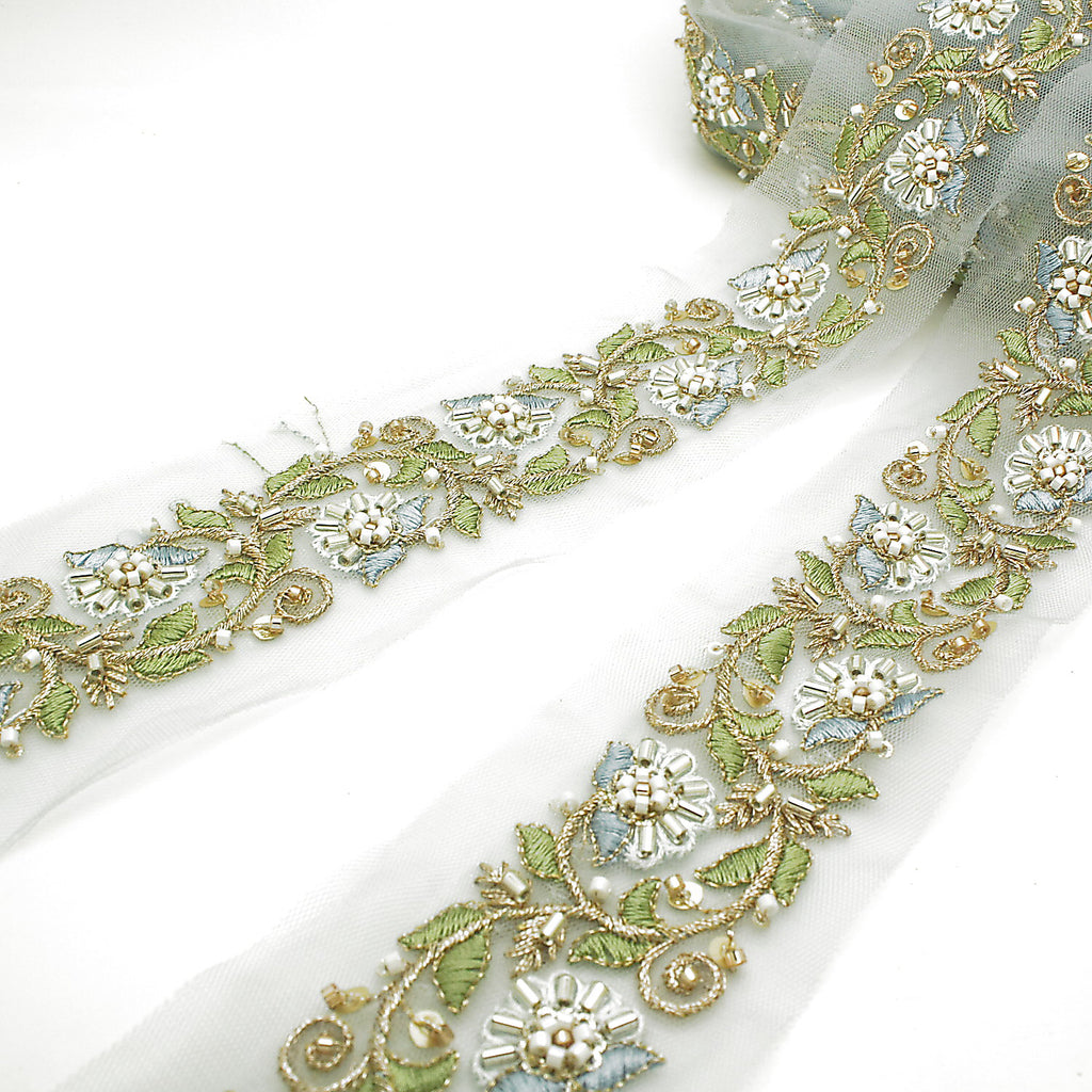 BLUE EMBROIDERED BEADED TRIM - sarahi.NYC