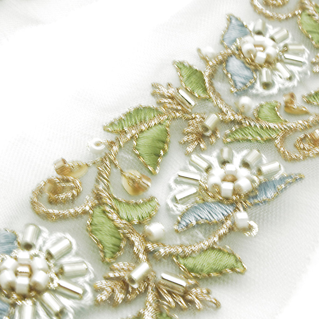 BLUE EMBROIDERED BEADED TRIM - sarahi.NYC