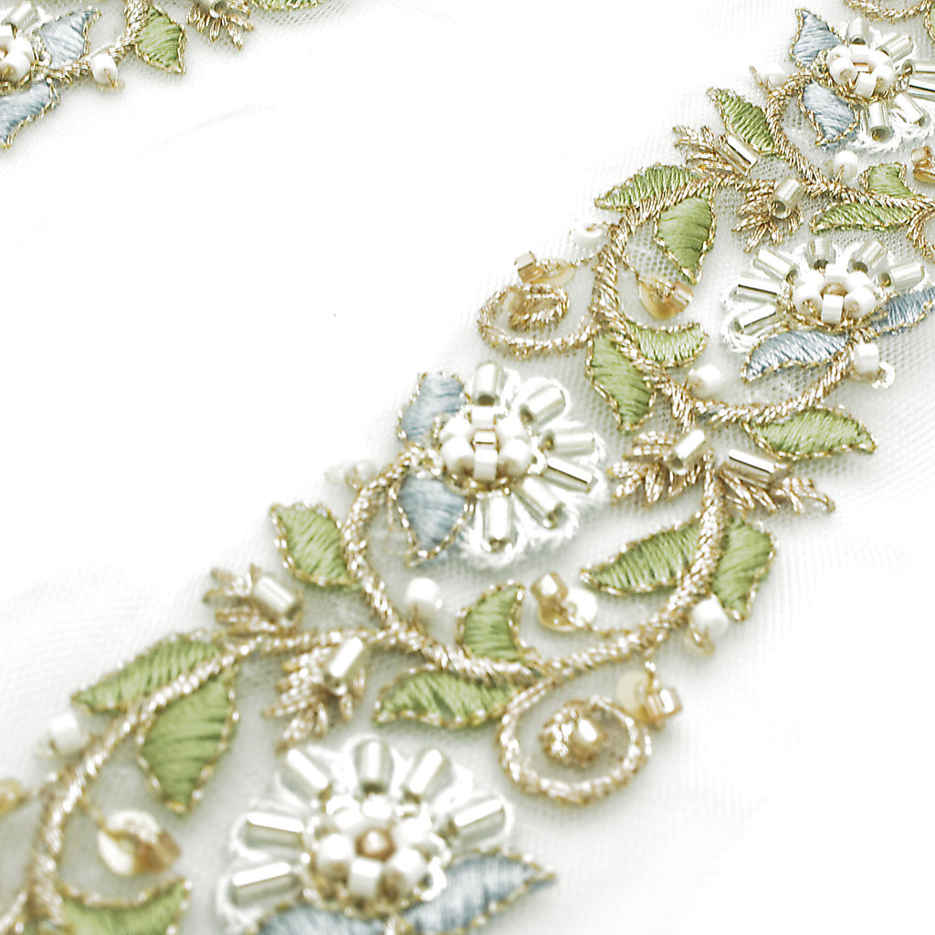 BLUE EMBROIDERED BEADED TRIM - sarahi.NYC