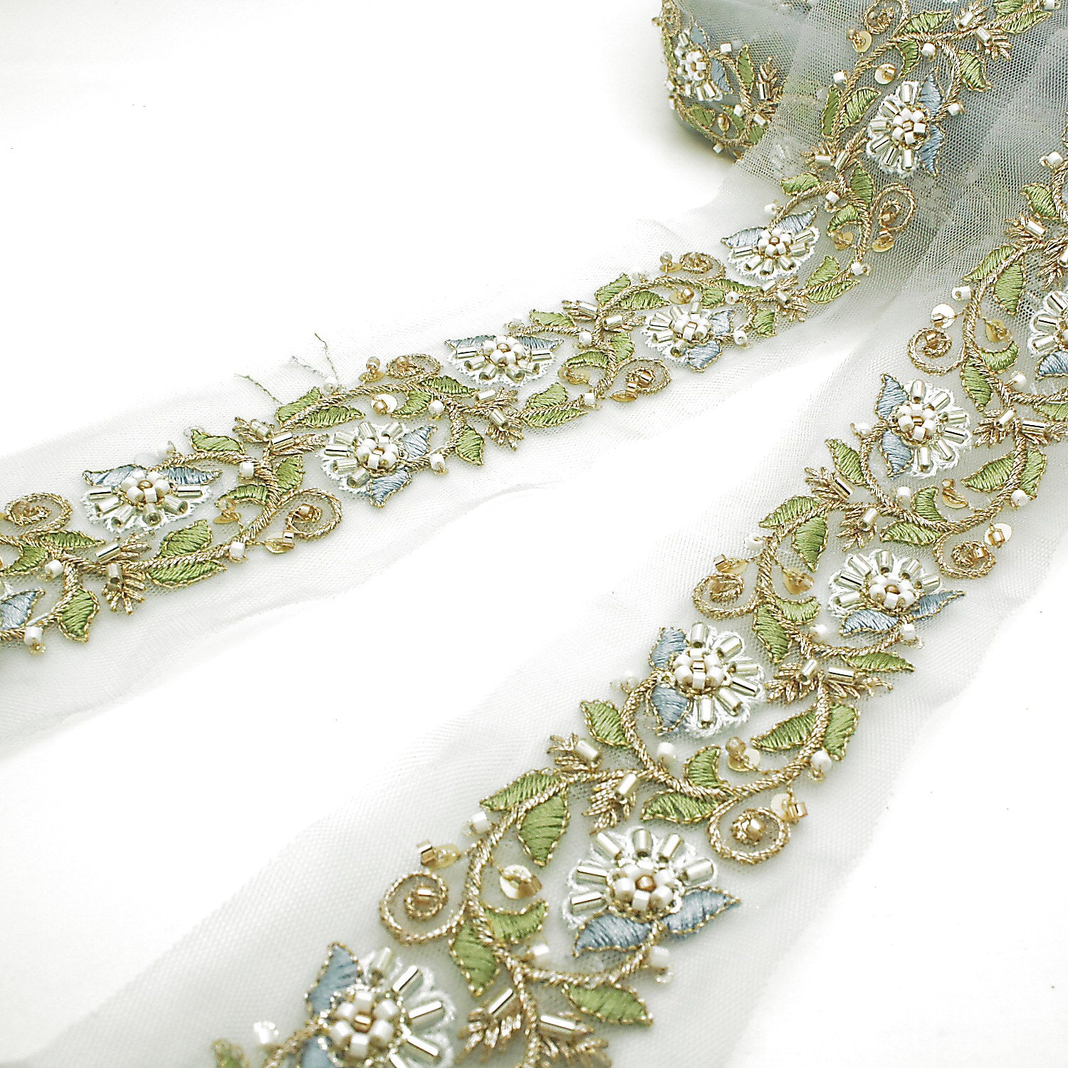 BLUE EMBROIDERED BEADED TRIM - sarahi.NYC