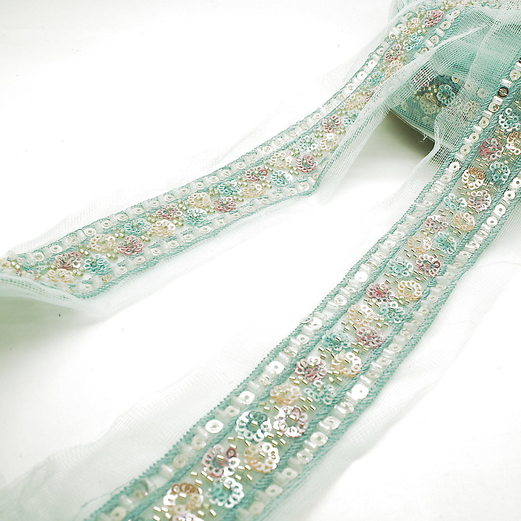 LIGHT BLUE EMBROIDERED BEADED TRIM - sarahi.NYC