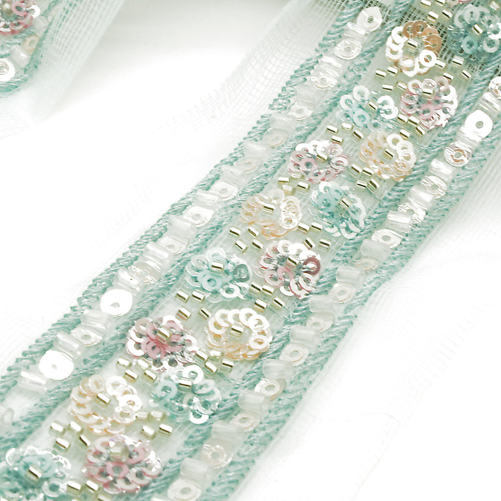 LIGHT BLUE EMBROIDERED BEADED TRIM - sarahi.NYC