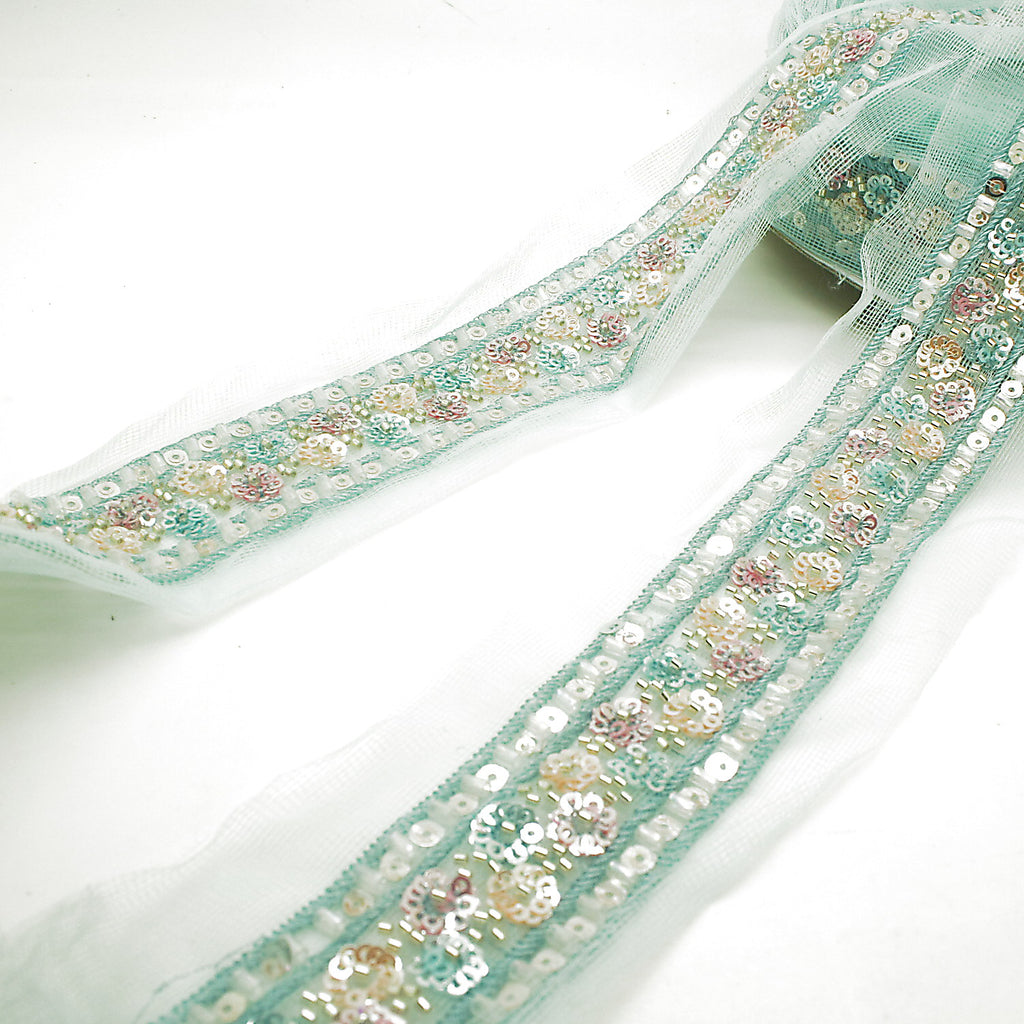 LIGHT BLUE EMBROIDERED BEADED TRIM - sarahi.NYC