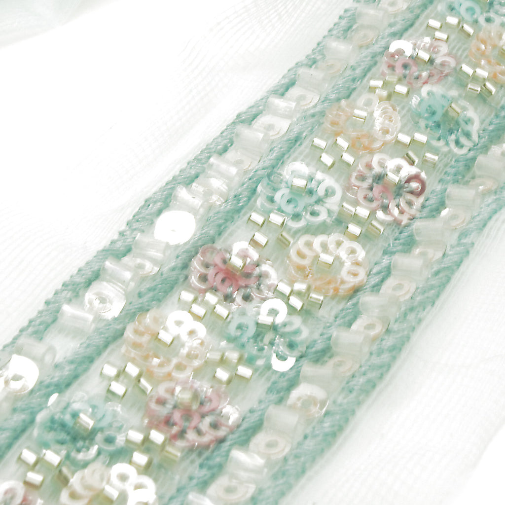 LIGHT BLUE EMBROIDERED BEADED TRIM - sarahi.NYC