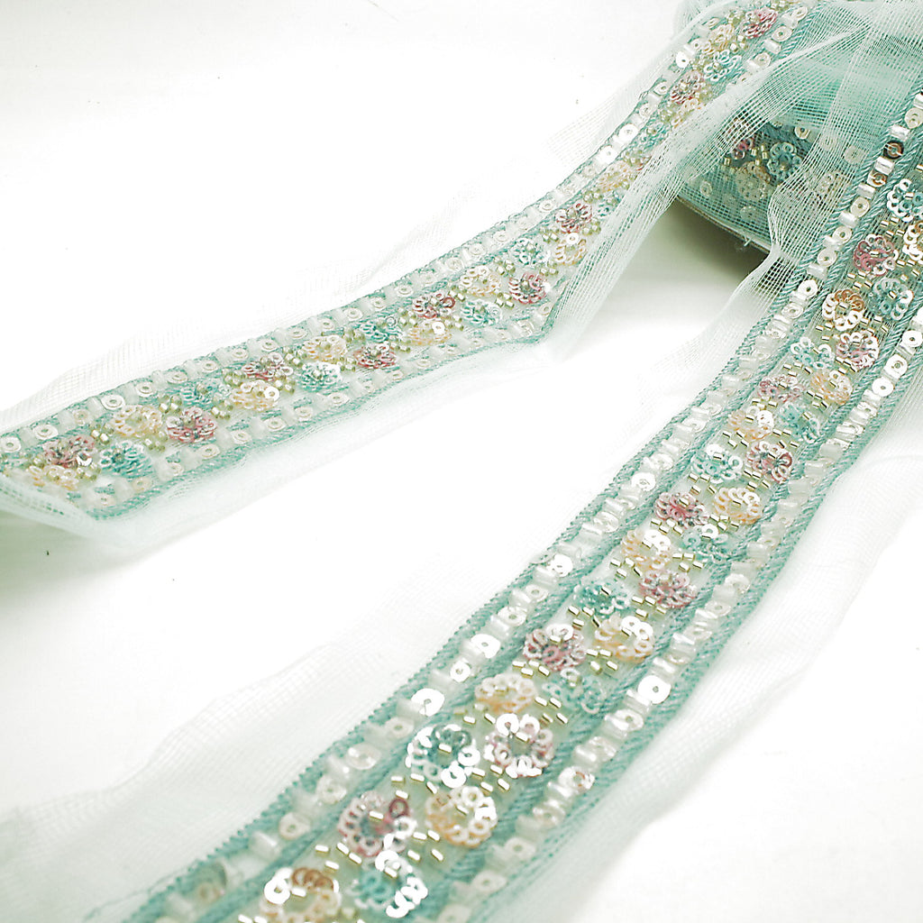 LIGHT BLUE EMBROIDERED BEADED TRIM - sarahi.NYC