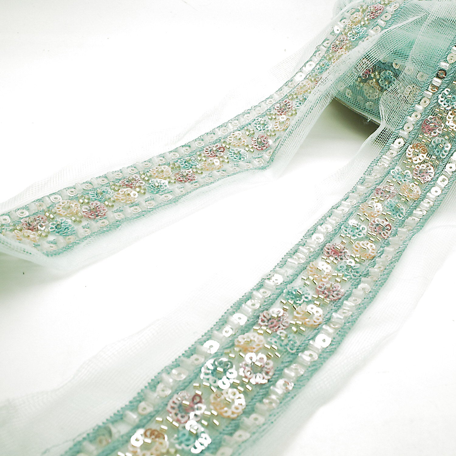 LIGHT BLUE EMBROIDERED BEADED TRIM - sarahi.NYC