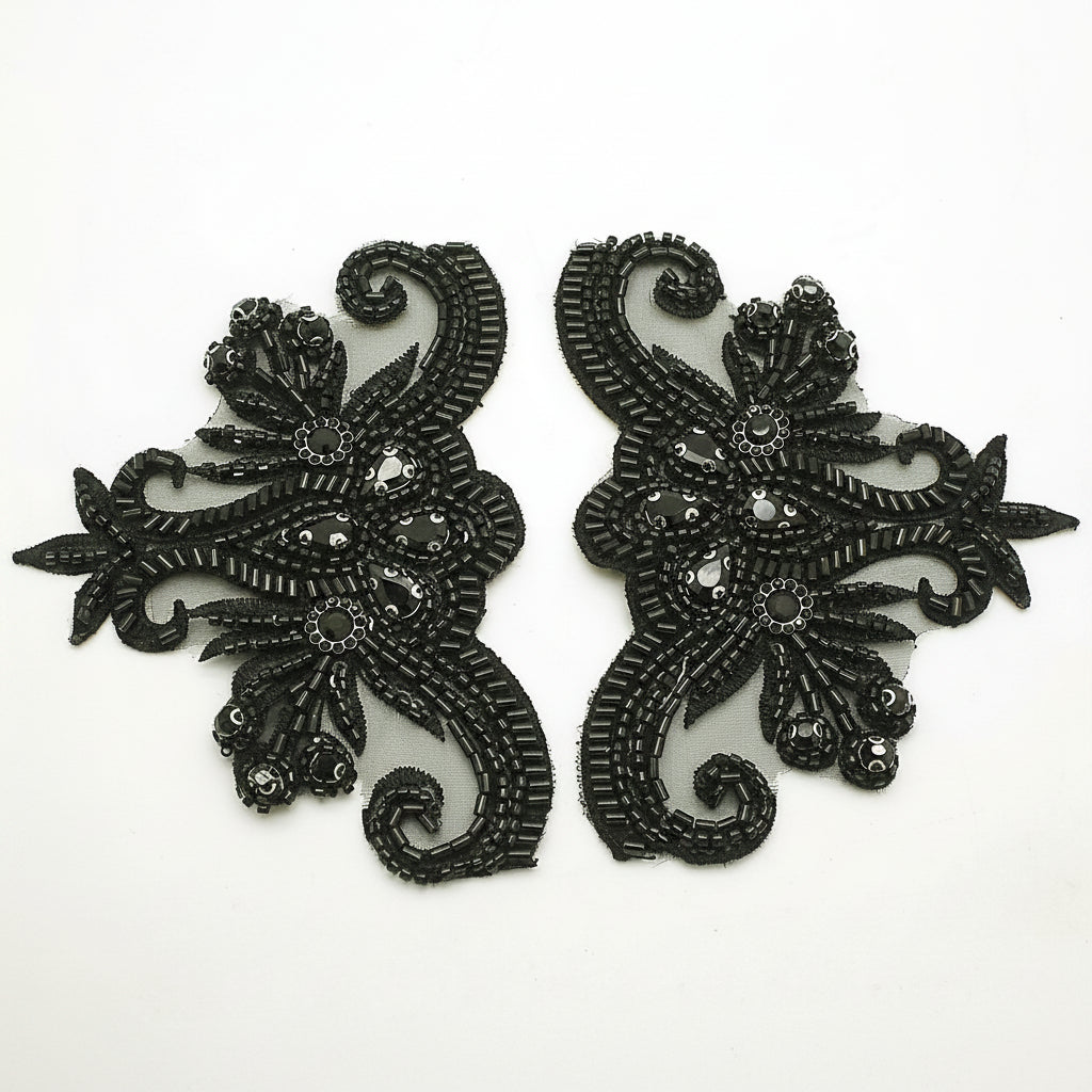 BLACK FLORAL BEADED STONE APPLIQUE PAIR - sarahi.NYC