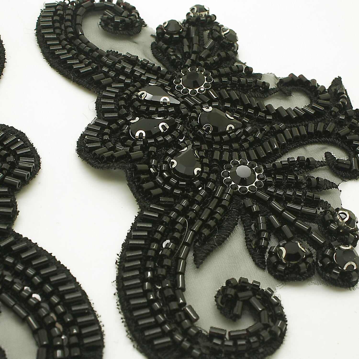 BLACK FLORAL BEADED STONE APPLIQUE PAIR - sarahi.NYC