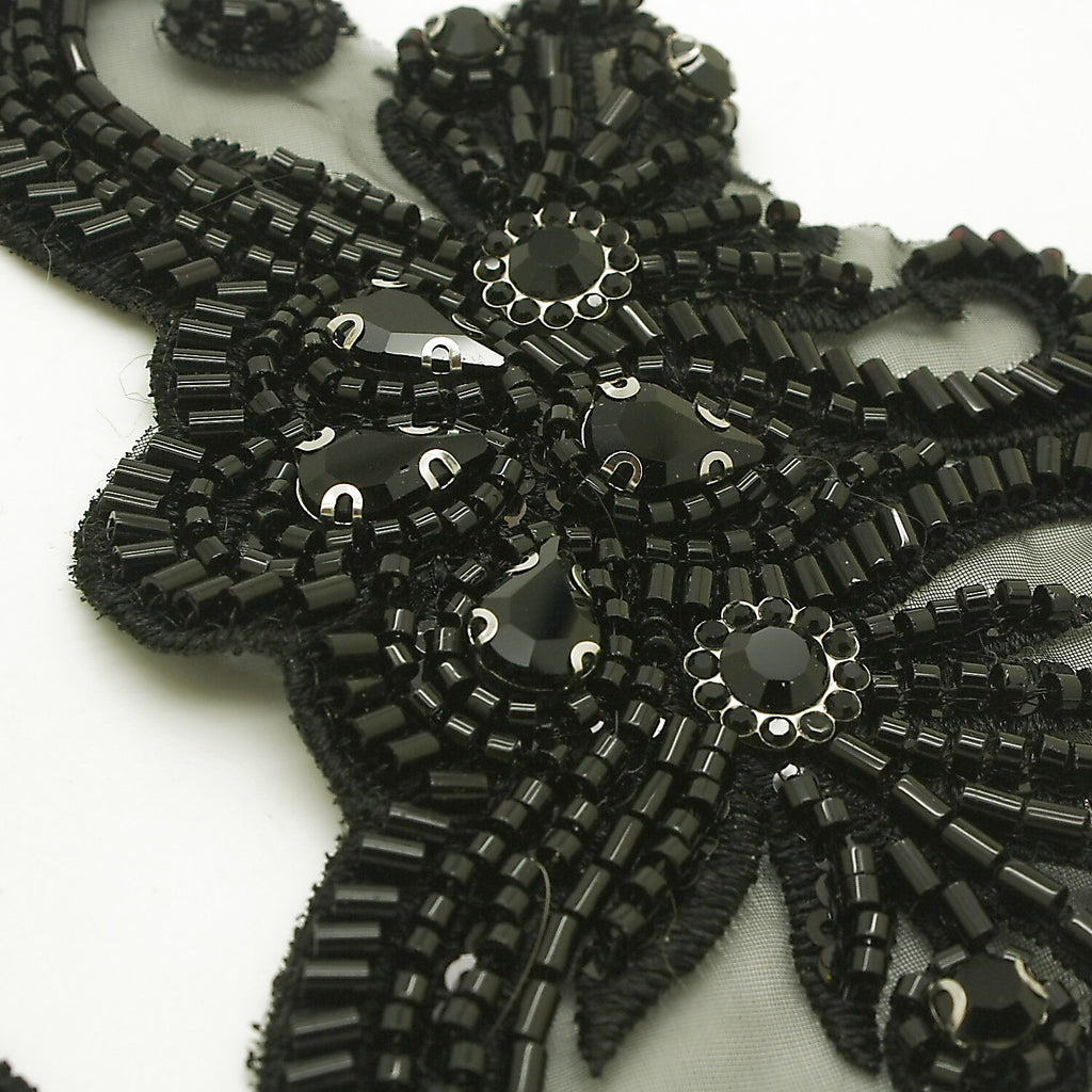 BLACK FLORAL BEADED STONE APPLIQUE PAIR - sarahi.NYC