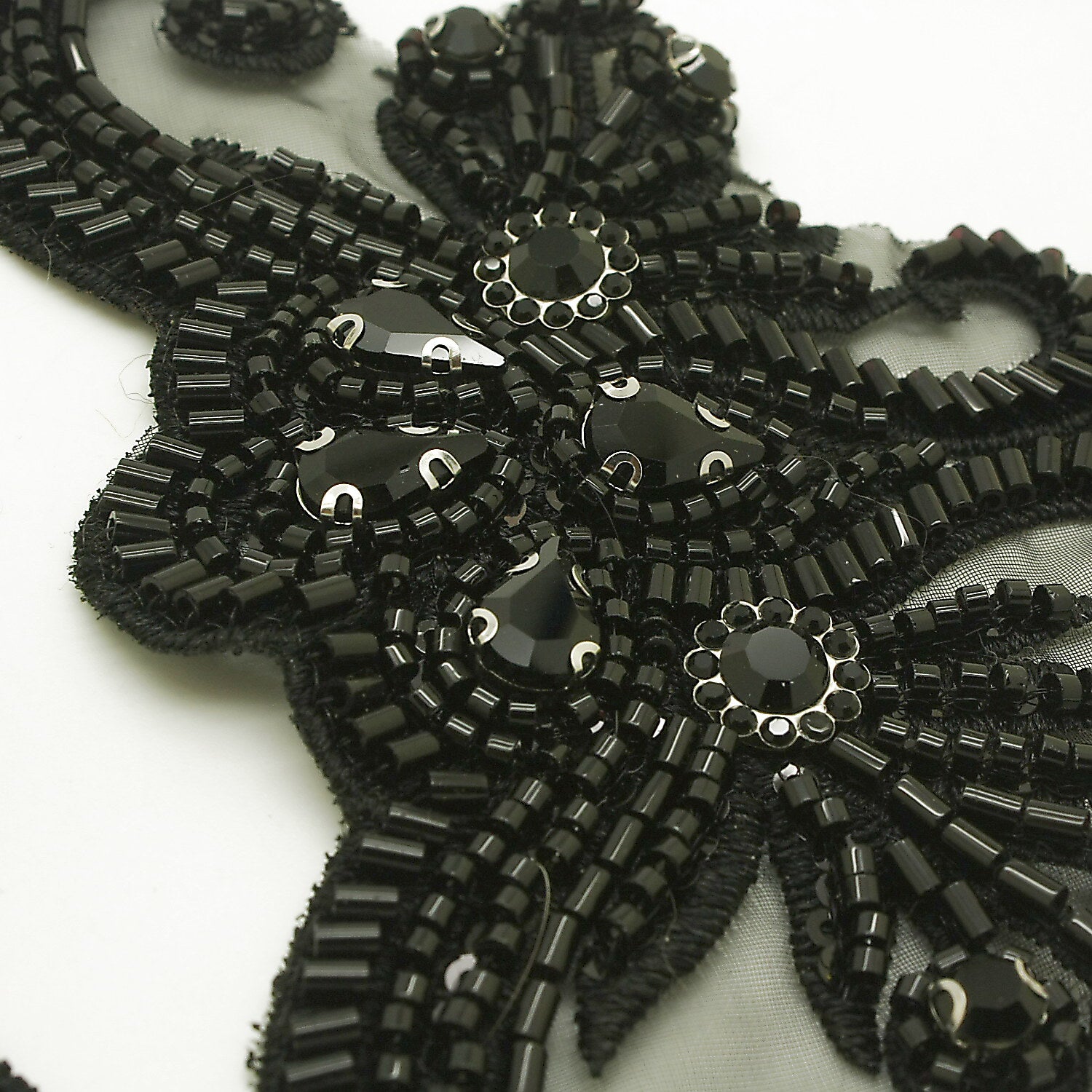 BLACK FLORAL BEADED STONE APPLIQUE PAIR - sarahi.NYC