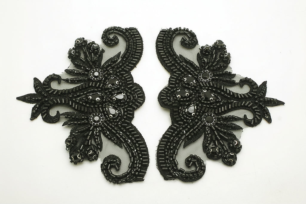 BLACK FLORAL BEADED STONE APPLIQUE PAIR - sarahi.NYC