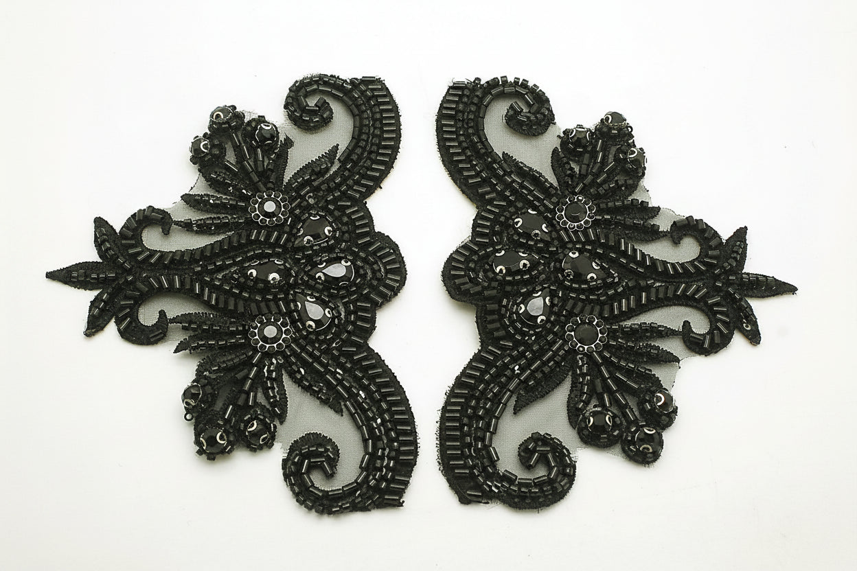 BLACK FLORAL BEADED STONE APPLIQUE PAIR - sarahi.NYC