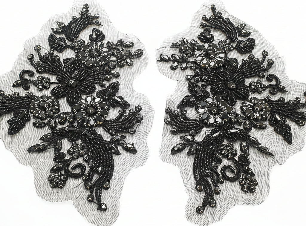 BLACK FLORAL BEADED STONE APPLIQUE PAIR - sarahi.NYC