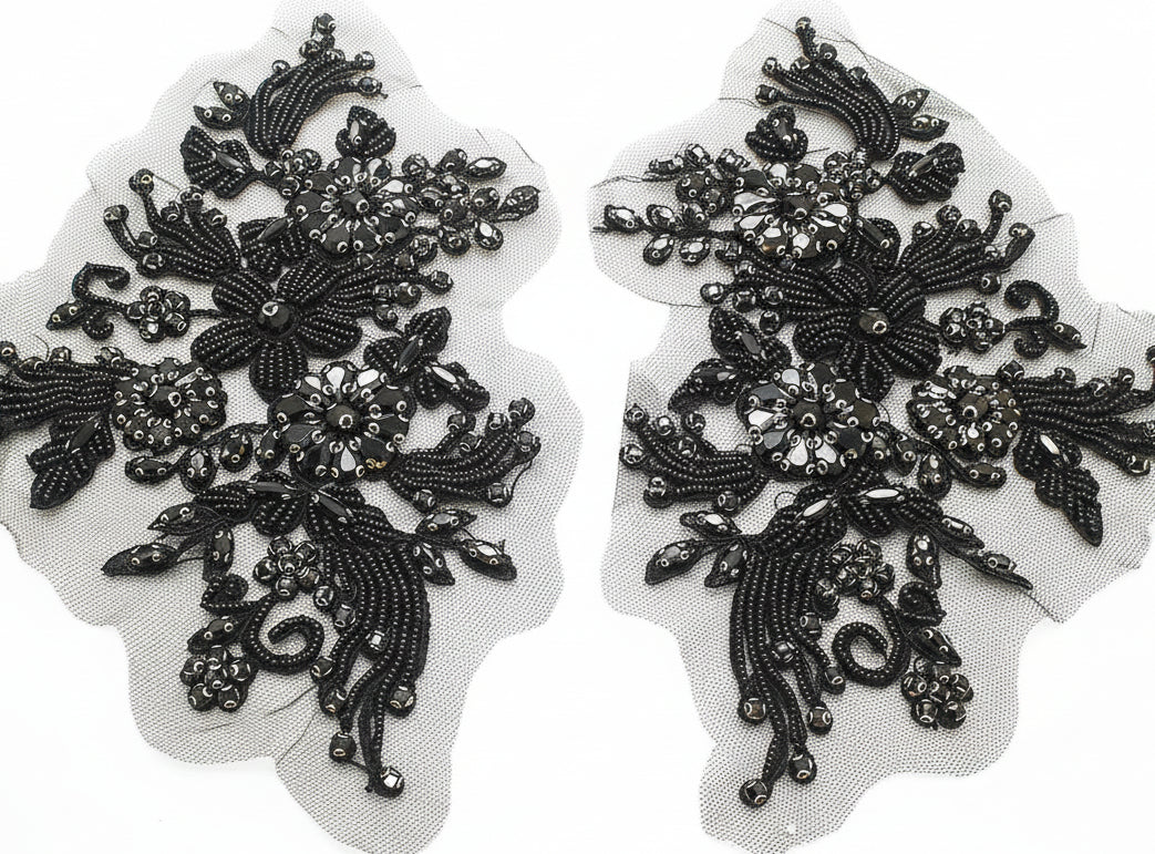 BLACK FLORAL BEADED STONE APPLIQUE PAIR - sarahi.NYC