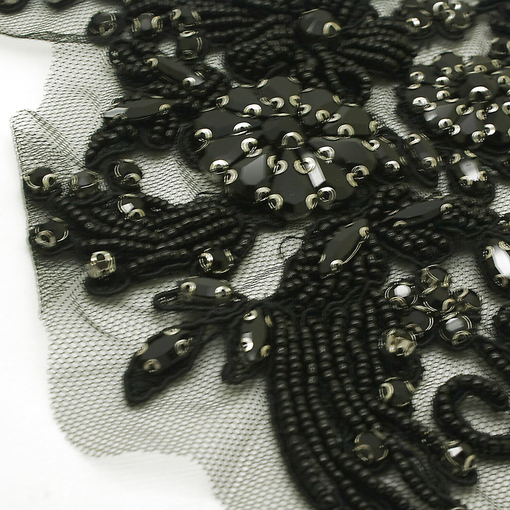 BLACK FLORAL BEADED STONE APPLIQUE PAIR - sarahi.NYC