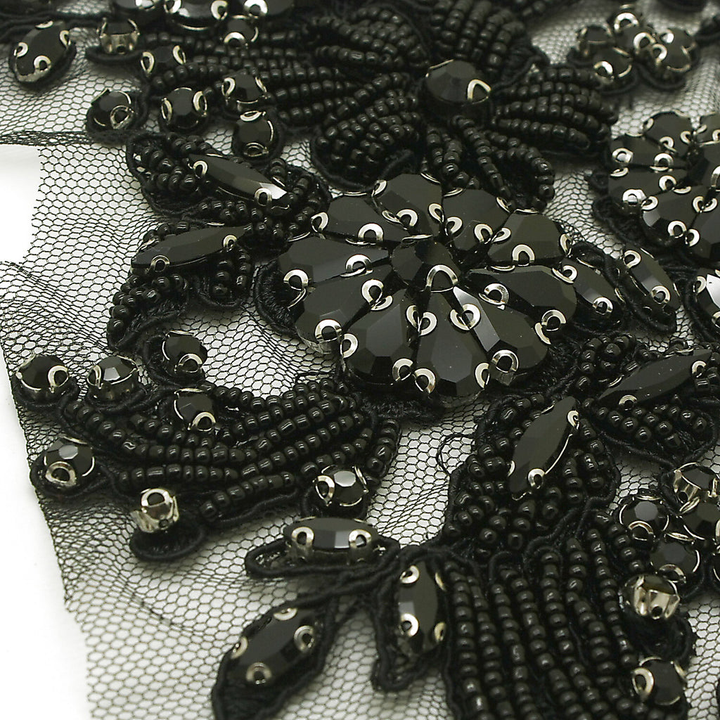 BLACK FLORAL BEADED STONE APPLIQUE PAIR - sarahi.NYC
