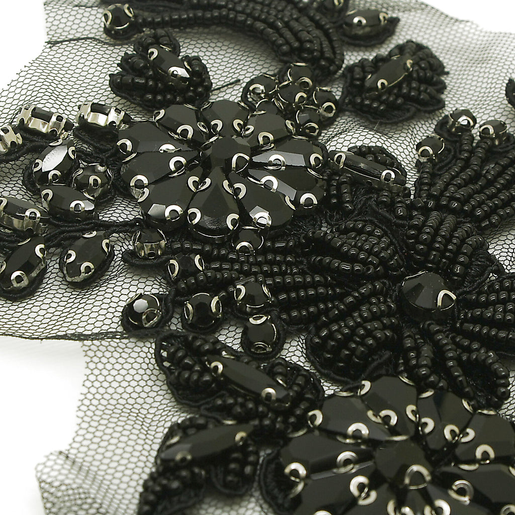 BLACK FLORAL BEADED STONE APPLIQUE PAIR - sarahi.NYC