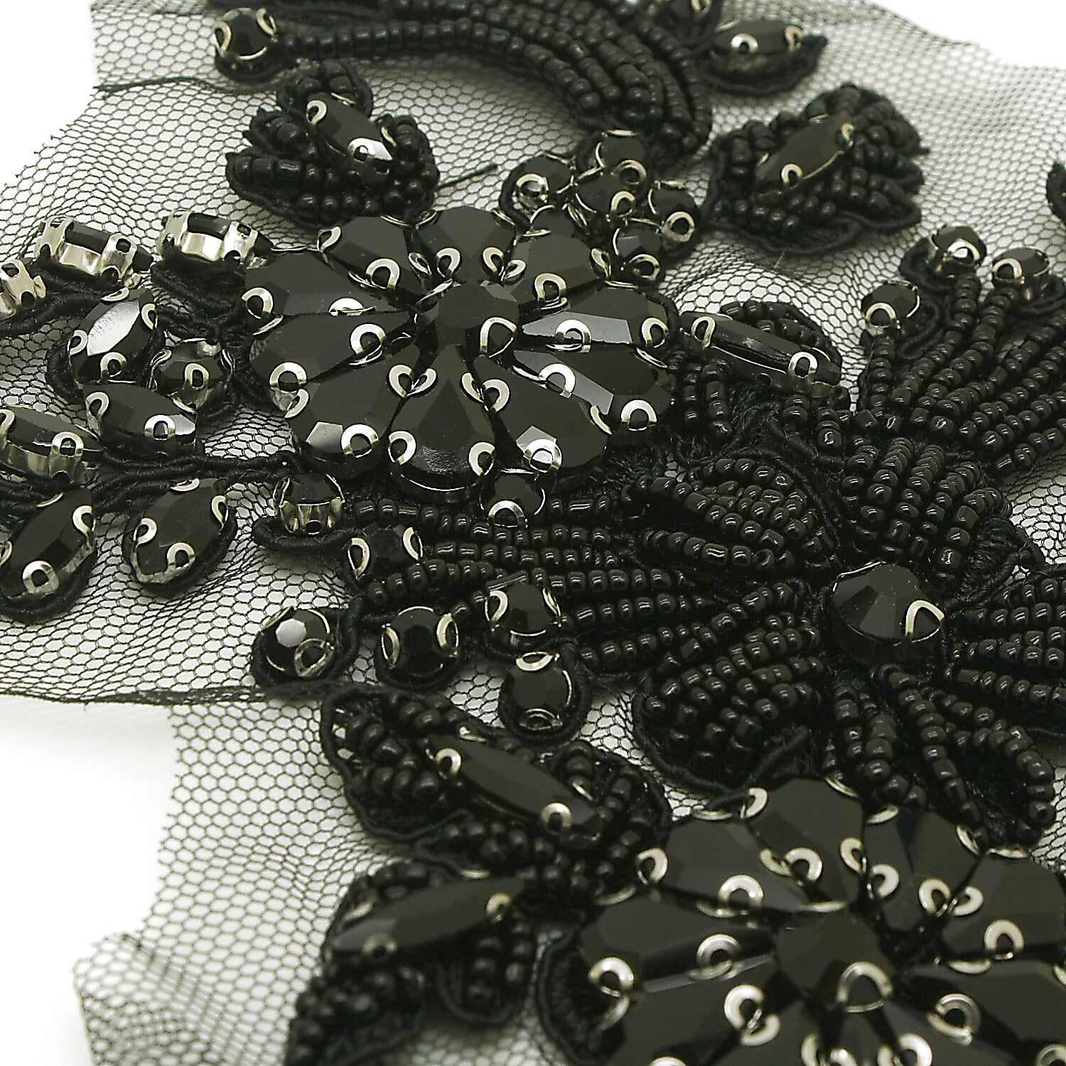 BLACK FLORAL BEADED STONE APPLIQUE PAIR - sarahi.NYC
