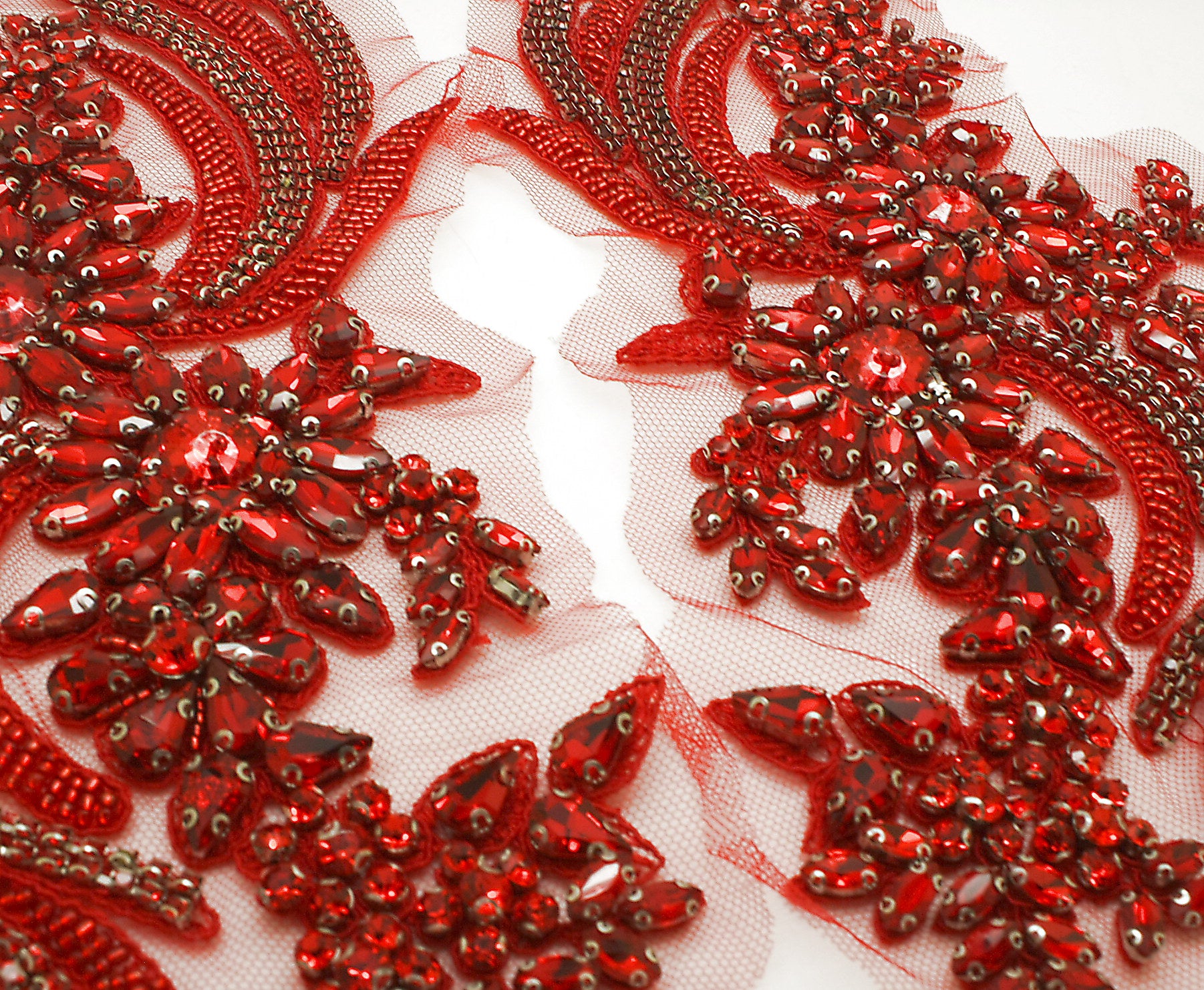 RED NET RHINESTONE & BEADED APPLIQUE PAIR - sarahi.NYC