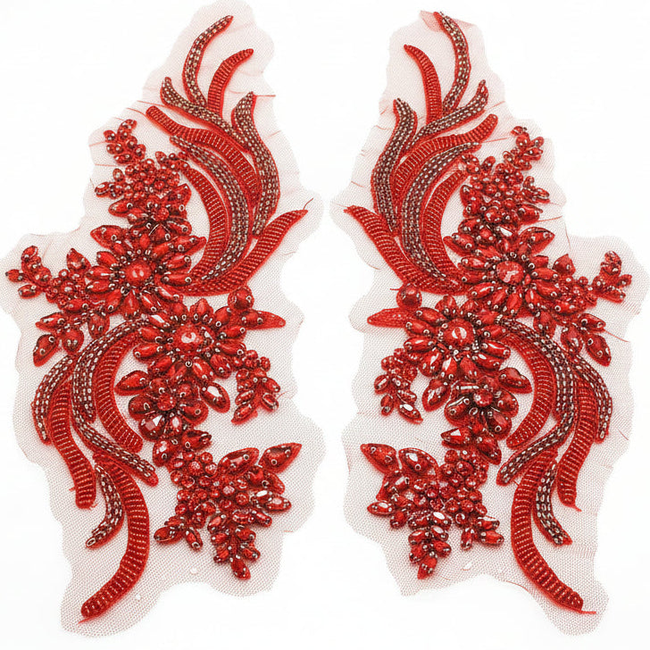 RED NET RHINESTONE & BEADED APPLIQUE PAIR - sarahi.NYC