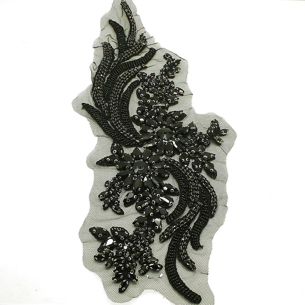 BLACK FLORAL BEADED STONE APPLIQUE - sarahi.NYC