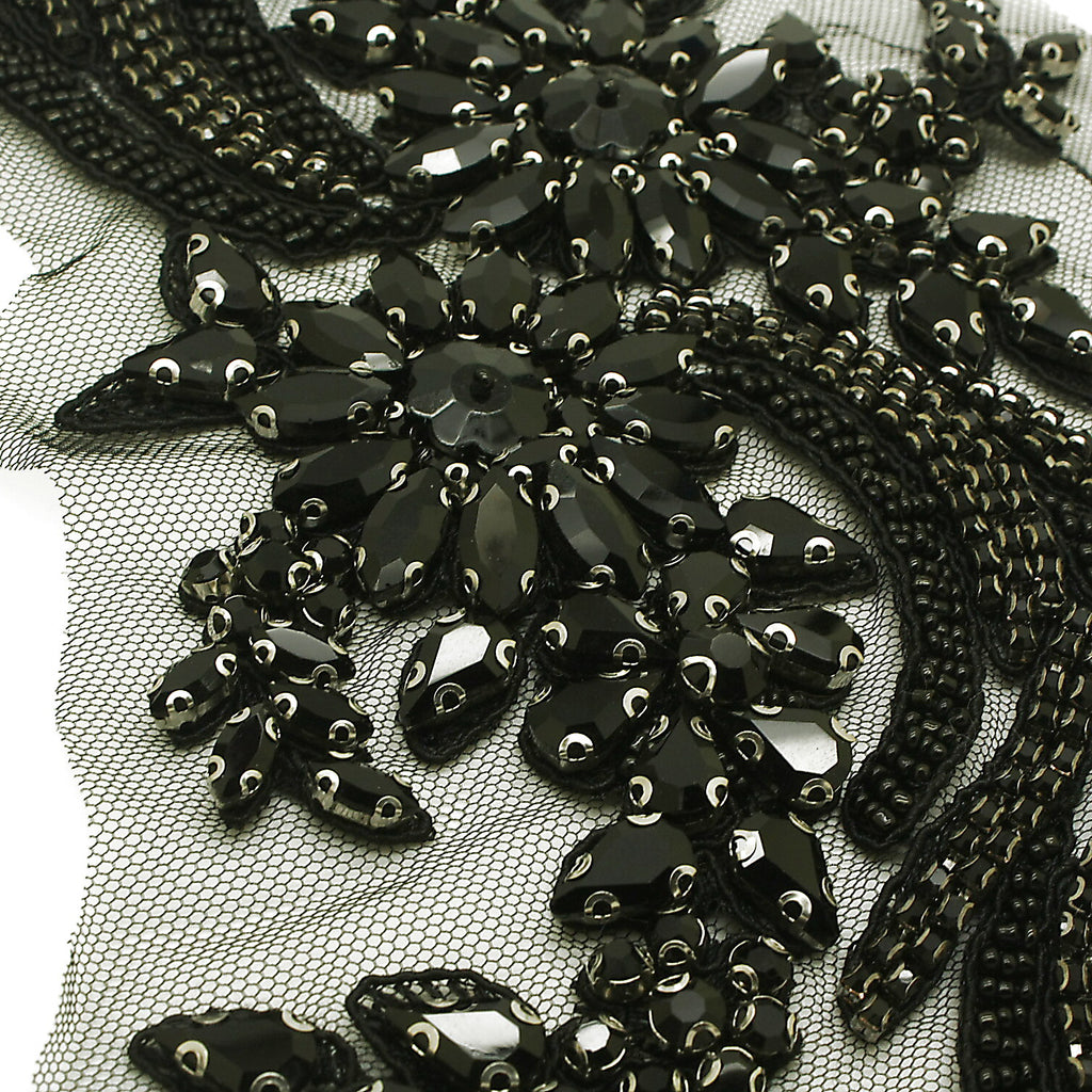 BLACK FLORAL BEADED STONE APPLIQUE - sarahi.NYC
