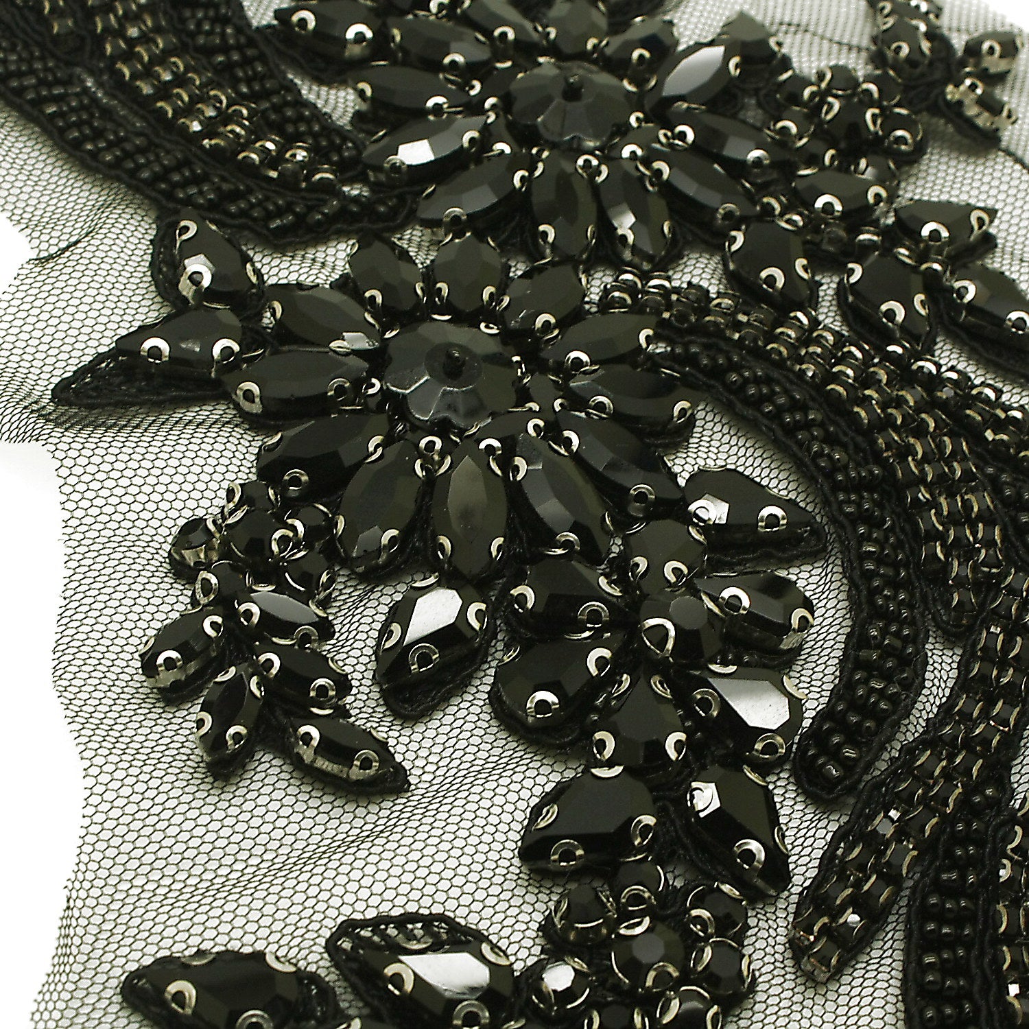 BLACK FLORAL BEADED STONE APPLIQUE - sarahi.NYC