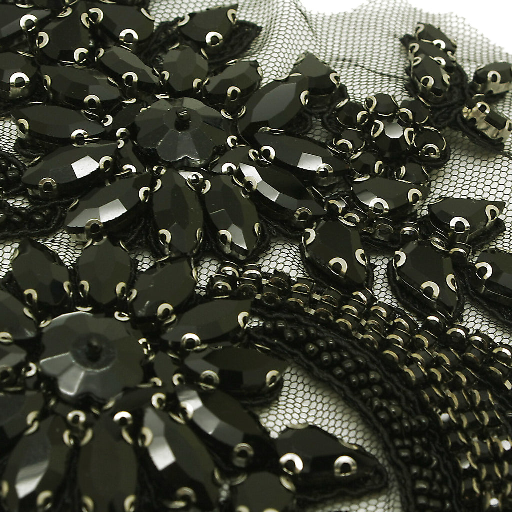 BLACK FLORAL BEADED STONE APPLIQUE - sarahi.NYC