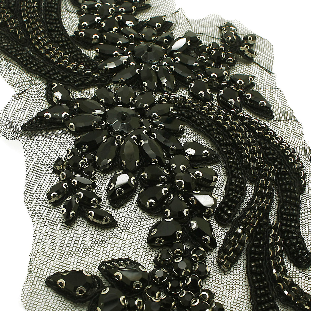 BLACK FLORAL BEADED STONE APPLIQUE - sarahi.NYC