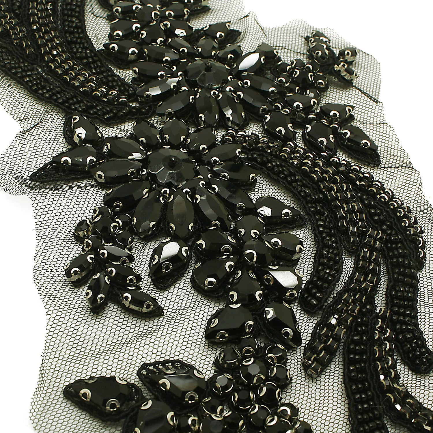 BLACK FLORAL BEADED STONE APPLIQUE - sarahi.NYC