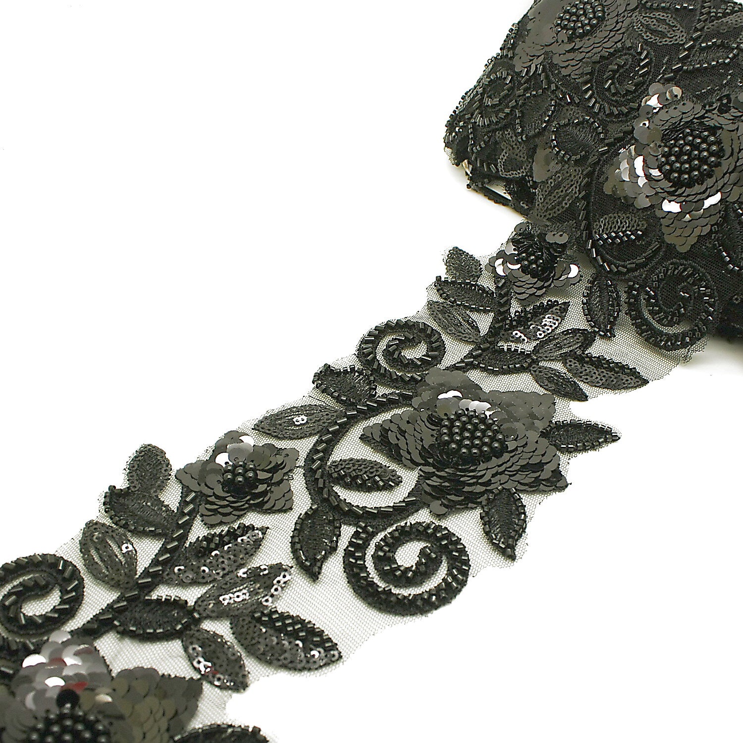 BLACK BEADED NET TRIM - sarahi.NYC