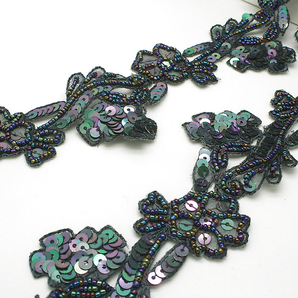 GUNMETAL FLORAL SEQUIN BEADED TRIM - sarahi.NYC