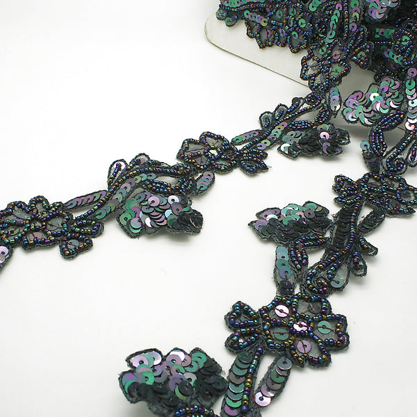 GUNMETAL FLORAL SEQUIN BEADED TRIM - sarahi.NYC