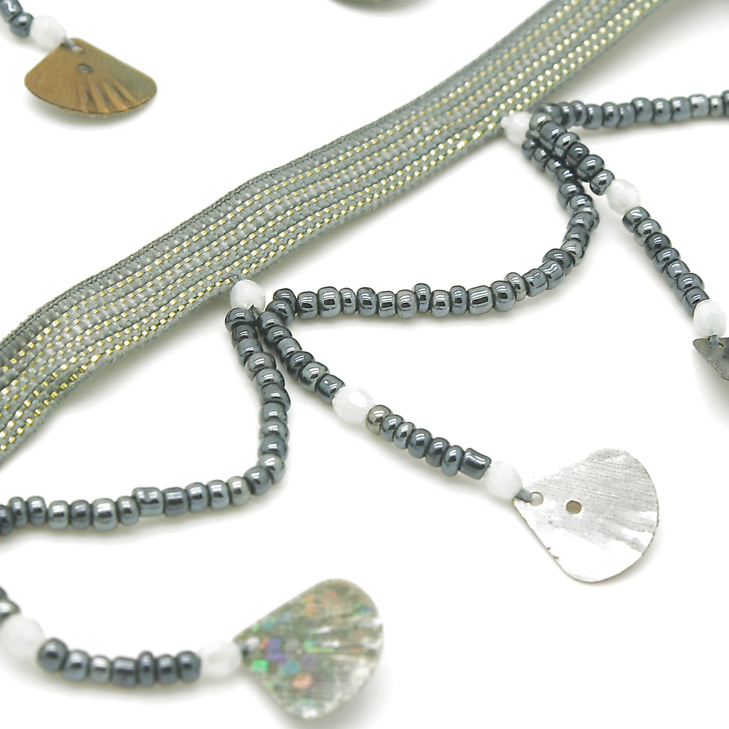 GRAY SHELL BEADED FRINGE TRIM - sarahi.NYC