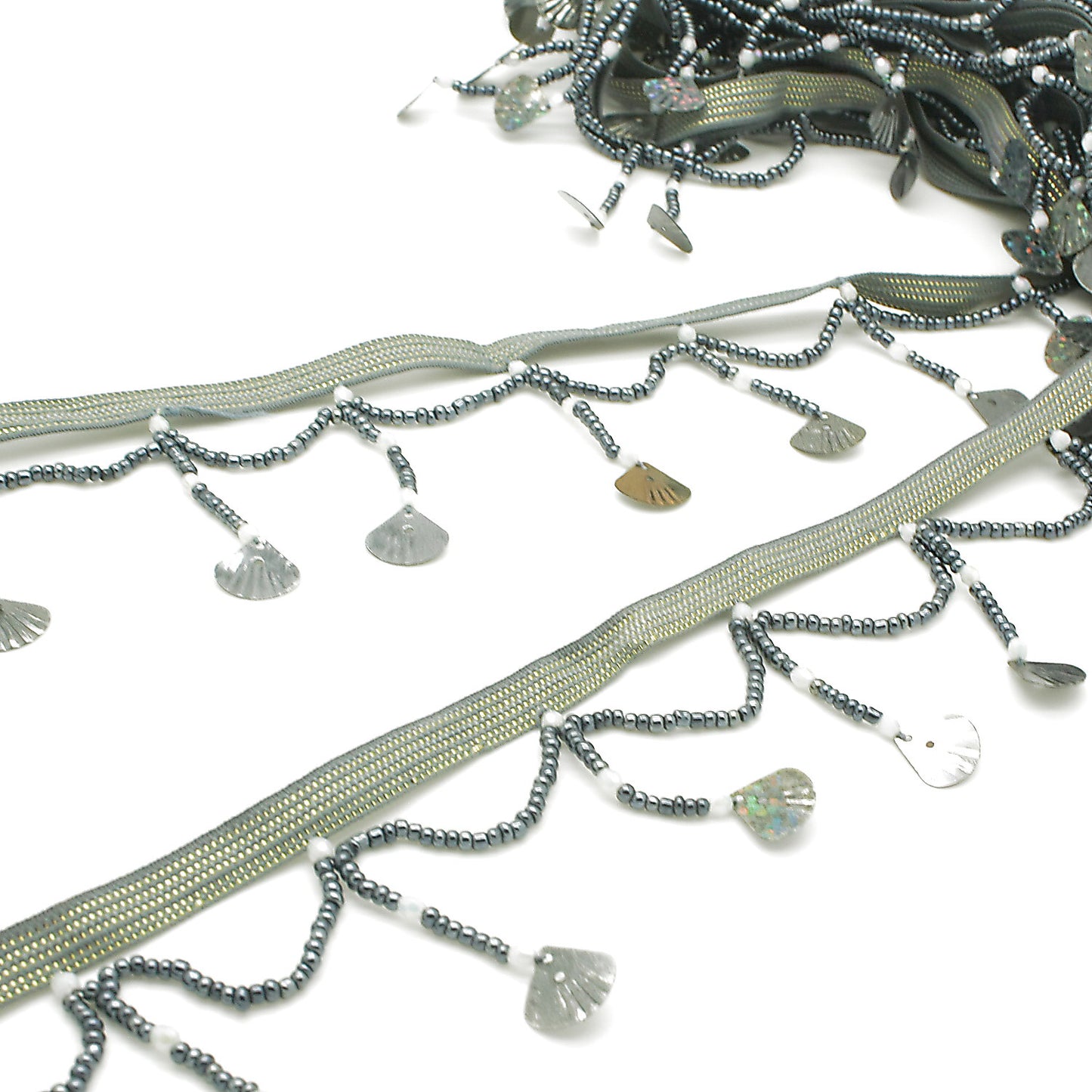 GRAY SHELL BEADED FRINGE TRIM - sarahi.NYC