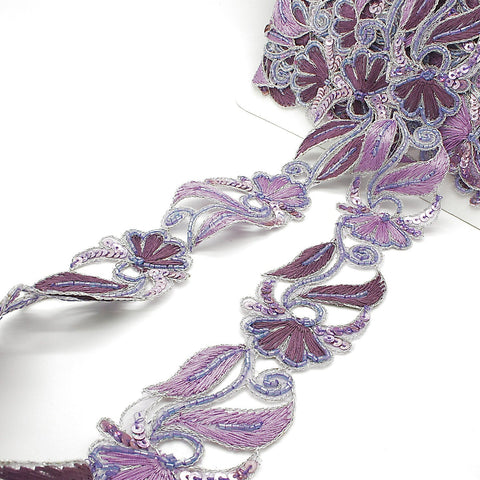 LILAC PURPLE FLORAL BEADED SEQUIN TRIM - sarahi.NYC