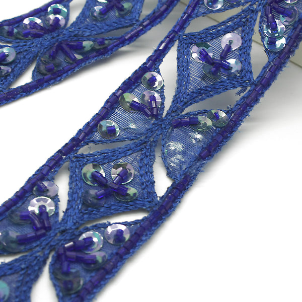BLUE EMBROIDERED BEADED SEQUIN TRIM - sarahi.NYC