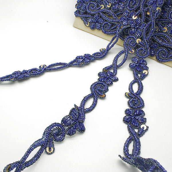 BLUE FLORAL BEADED TRIM - sarahi.NYC