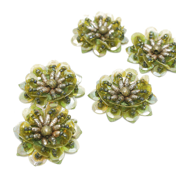OLIVE GREEN SEQUIN FLOWER  MOTIFS - Pack of 5 - sarahi.NYC