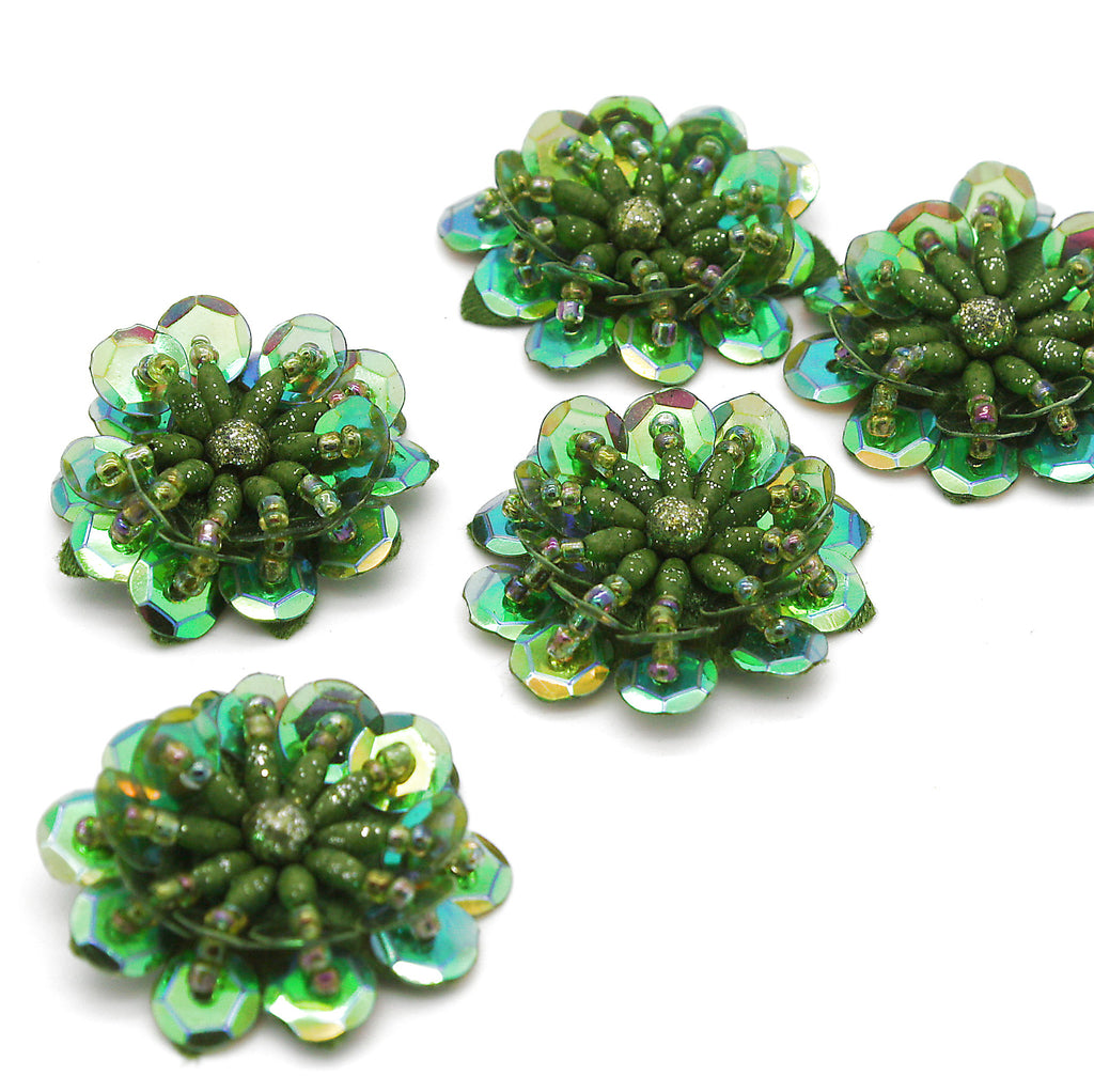 METALLIC GREEN SEQUIN FLOWER  MOTIFS - Pack of 5 - sarahi.NYC