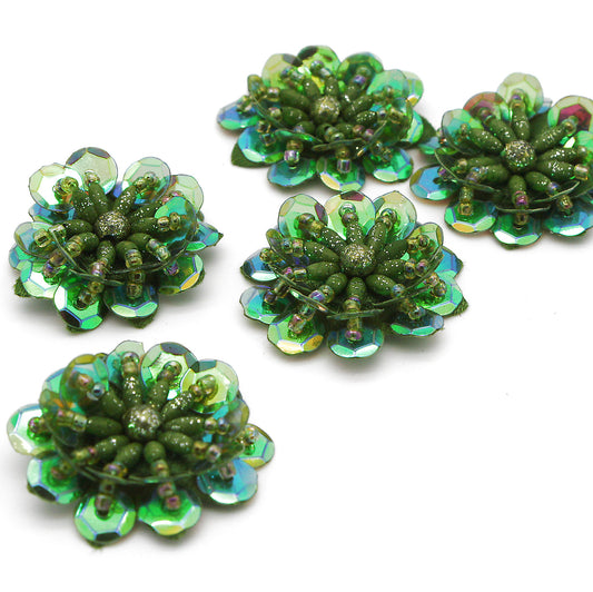 METALLIC GREEN SEQUIN FLOWER  MOTIFS - Pack of 5 - sarahi.NYC