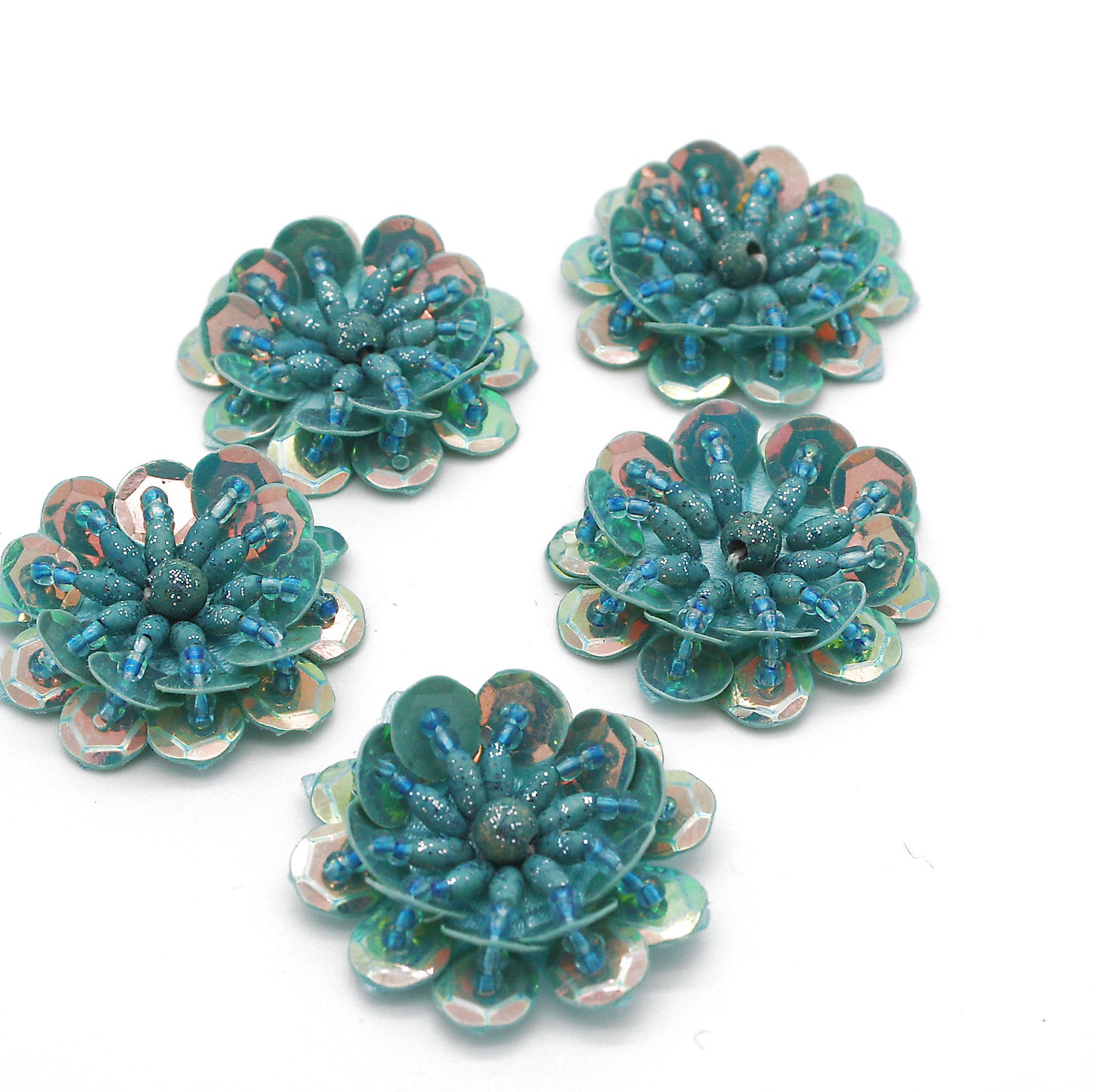TURQUOISE GREEN SEQUIN FLOWER  MOTIFS - Pack of 5 - sarahi.NYC